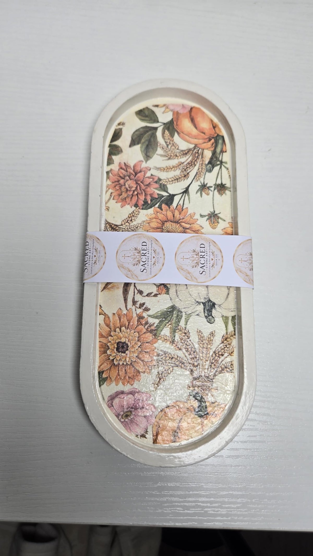 Sacred Stone Art Handmade Concrete Oval Tray White Fall Floral