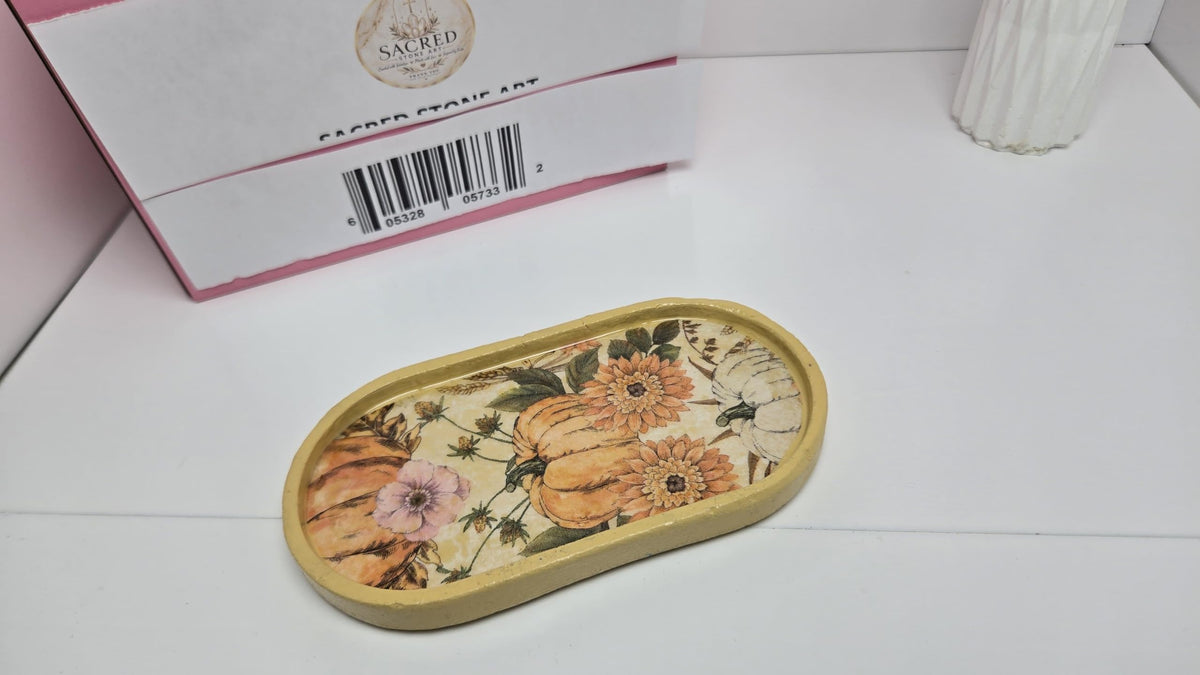 Sacred Stone Art Handmade Oval Trinket Tray Pumpkin Floral