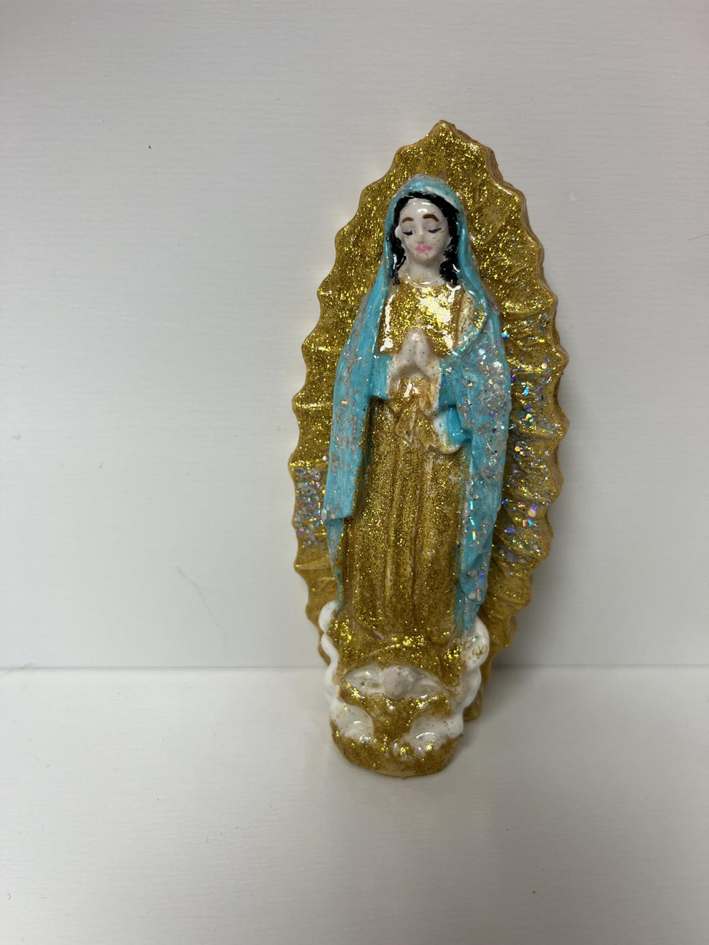 Sacred Stone Art Our Lady of Guadalupe Figurine Gold Blue 5in