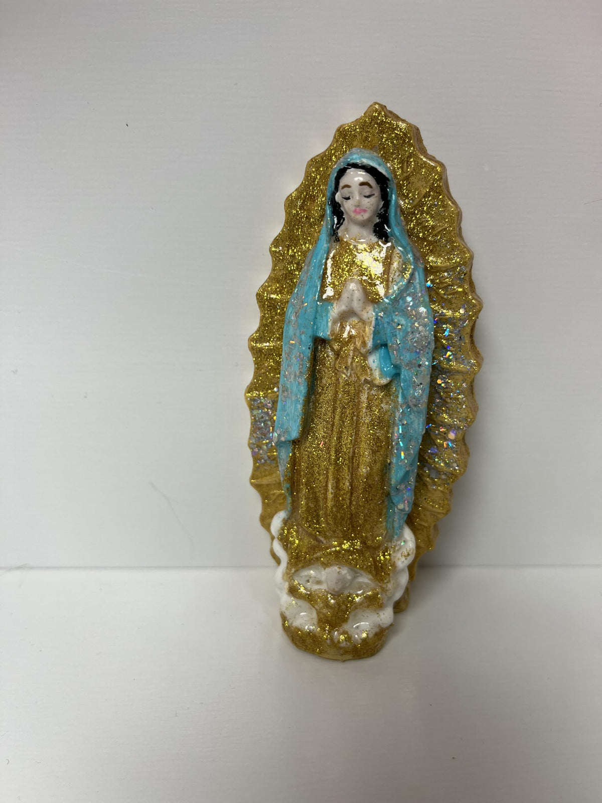 Sacred Stone Art Our Lady of Guadalupe Figurine Gold Blue 5in