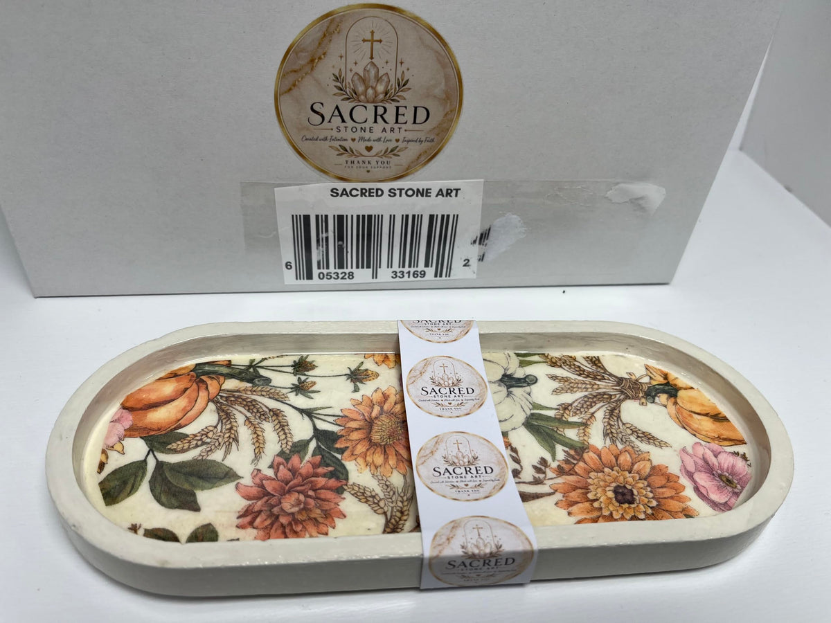 Sacred Stone Art Handmade Concrete Oval Tray White Fall Floral