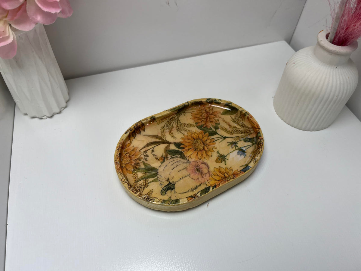 Sacred Stone Art Handmade Concrete Small Trinket Tray Floral Yellow
