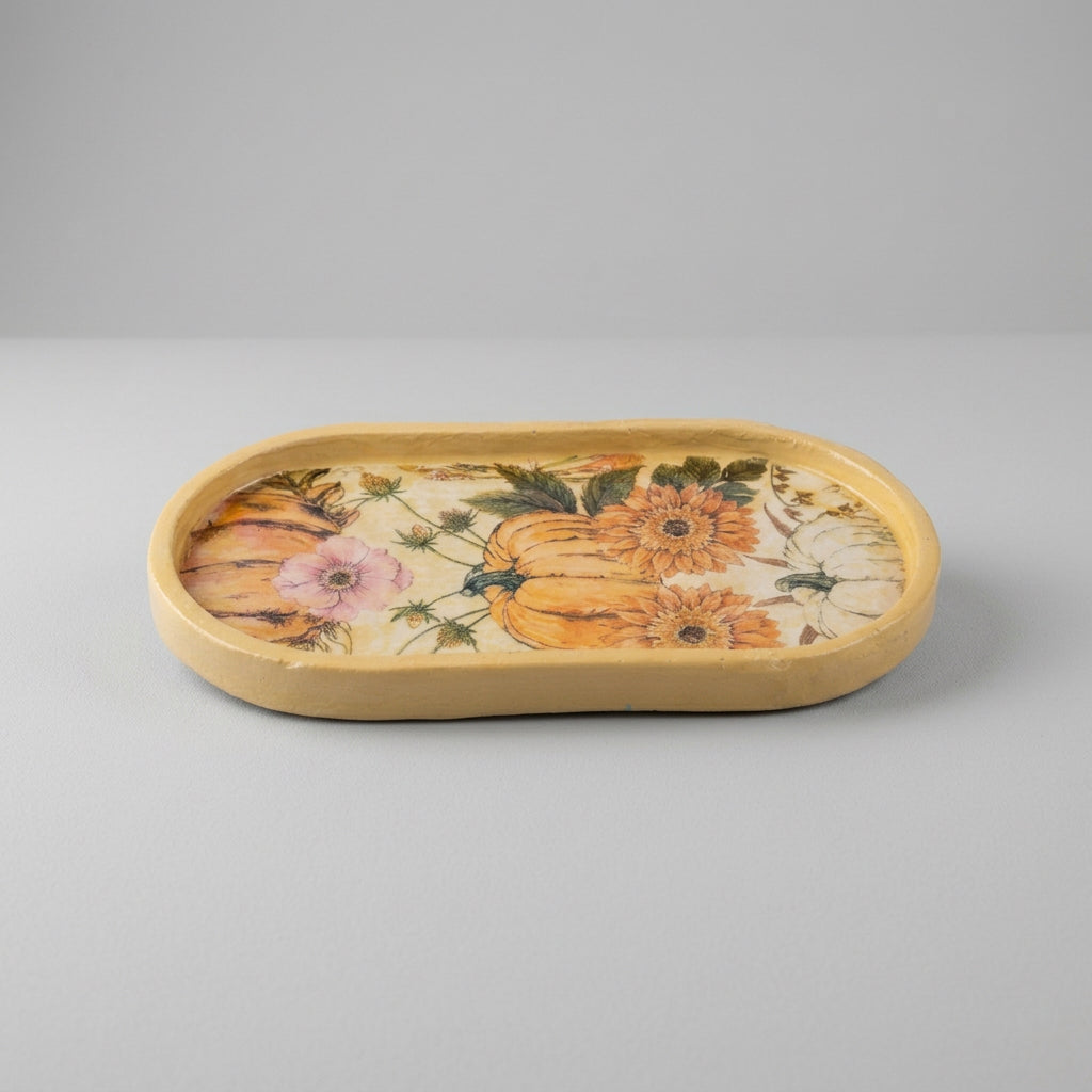 Sacred Stone Art Handmade Oval Trinket Tray Pumpkin Floral