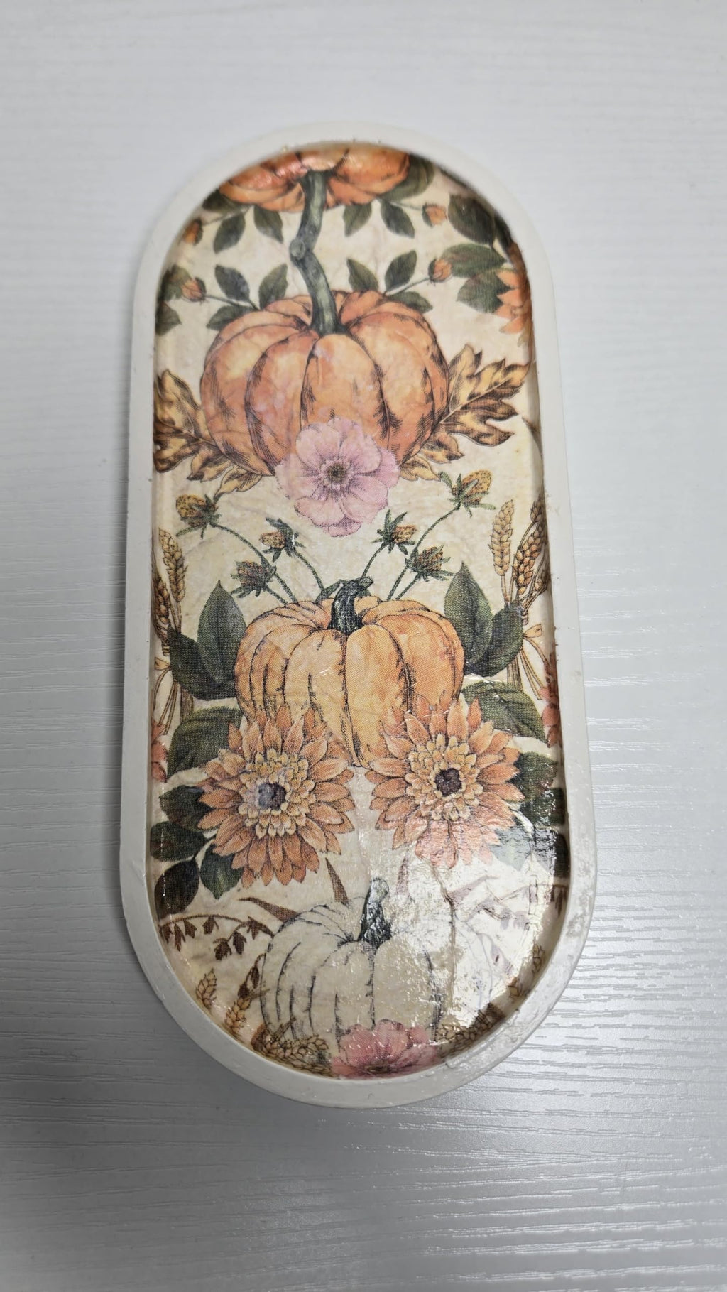 Sacred Stone Art Handmade Concrete Oval Tray White Fall Floral