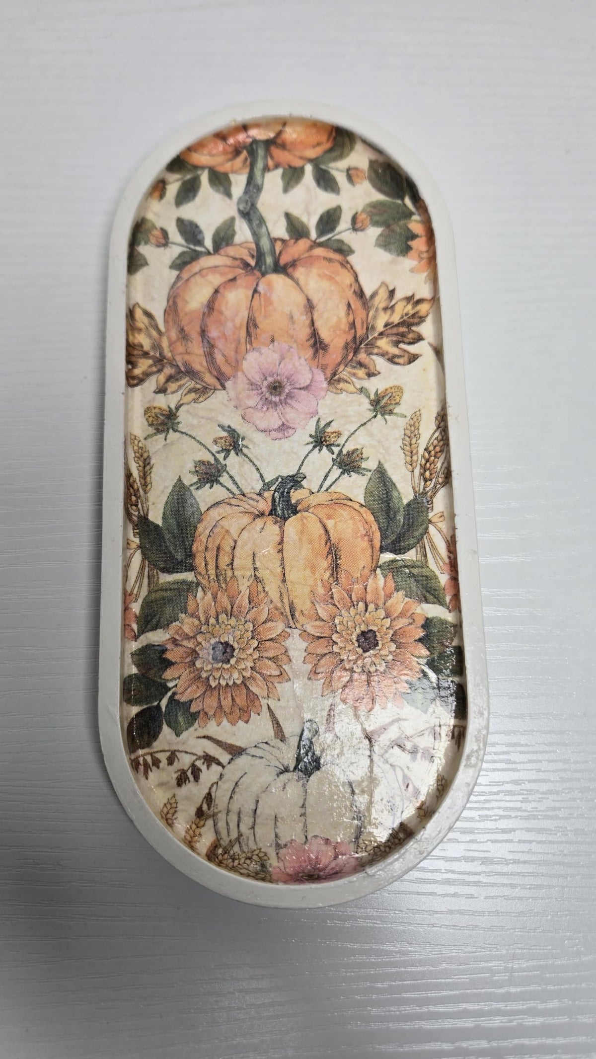 Sacred Stone Art Handmade Concrete Oval Tray White Fall Floral