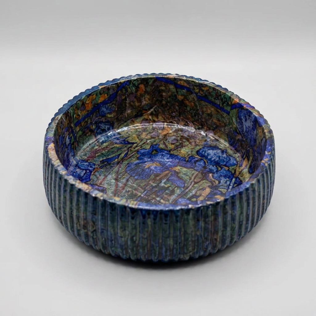 Sacred Stone Art Handmade LARGE Blue Ribbed Bowl Van Gogh Irises Print