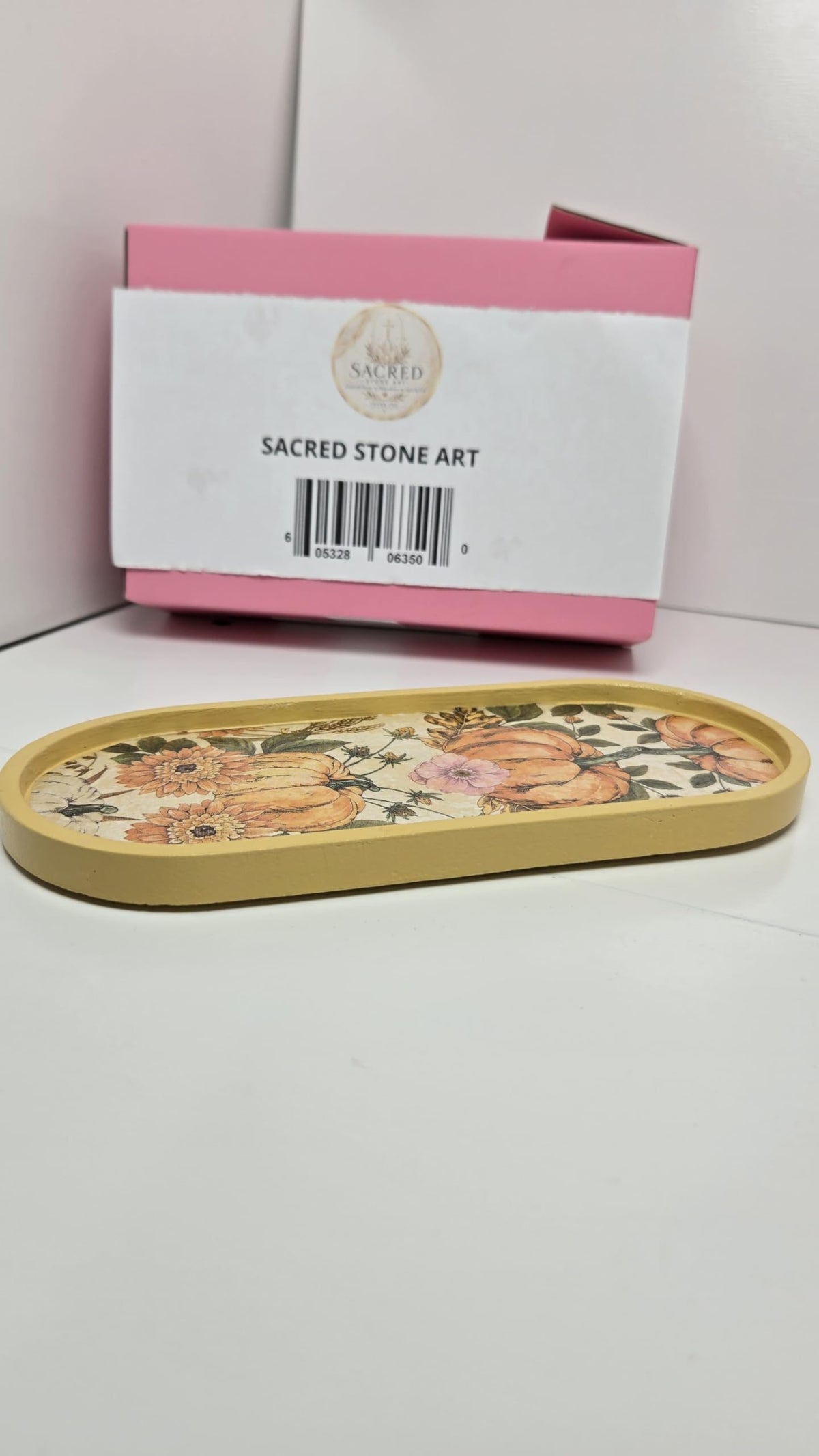 Sacred Stone Art Handmade Oval Trinket Tray Pumpkin Floral