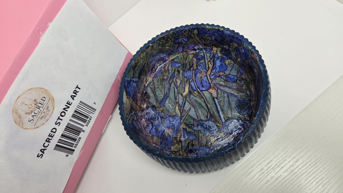 Sacred Stone Art Handmade LARGE Blue Ribbed Bowl Van Gogh Irises Print
