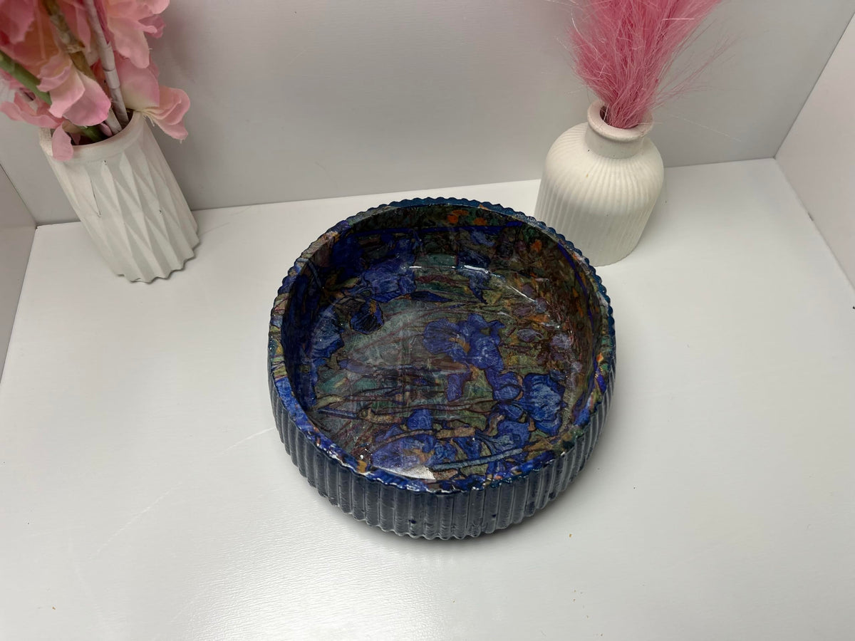 Sacred Stone Art Handmade LARGE Blue Ribbed Bowl Van Gogh Irises Print