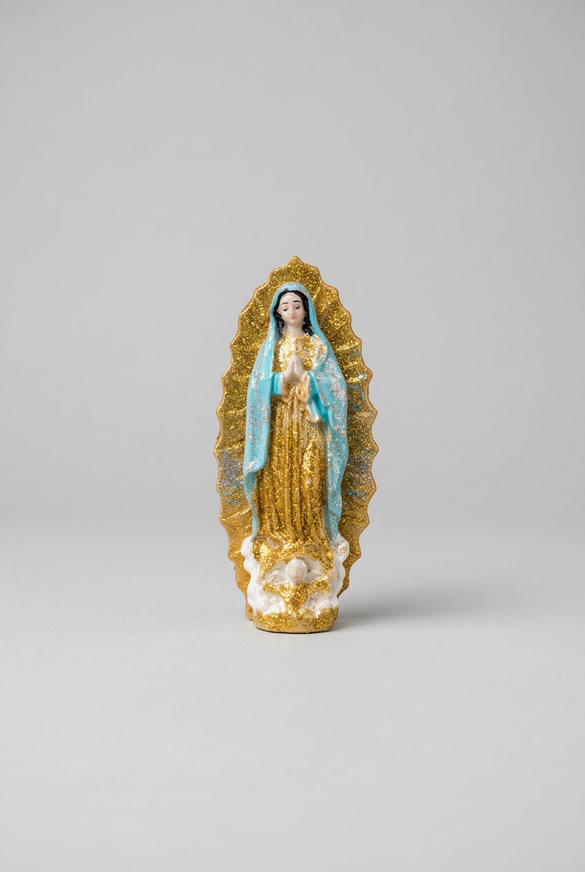 Sacred Stone Art Our Lady of Guadalupe Figurine Gold Blue 5in