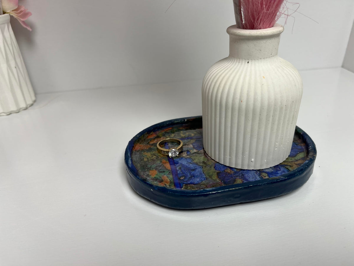 Sacred Stone Art Handmade Concrete Trinket Tray Van Gogh Blue