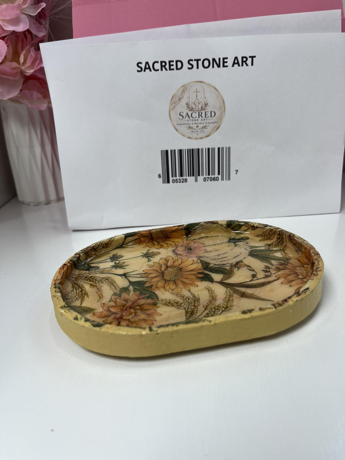 Sacred Stone Art Handmade Concrete Small Trinket Tray Floral Yellow