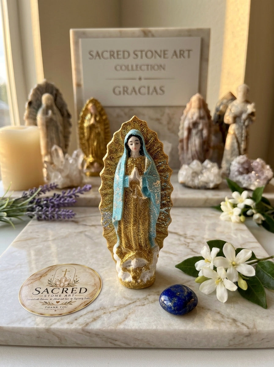 Sacred Stone Art Our Lady of Guadalupe Figurine Gold Blue 5in