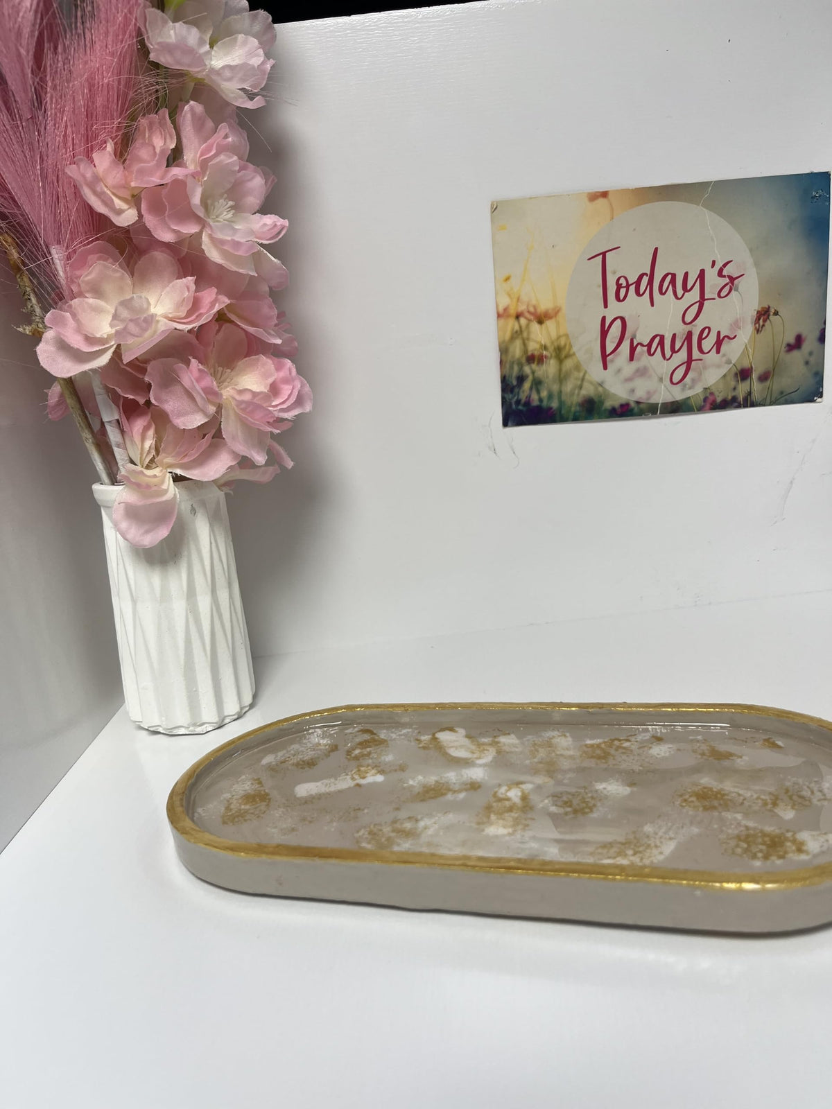 Sacred Stone Art Handmade Concrete Oval Trinket Tray Old Soul Gold