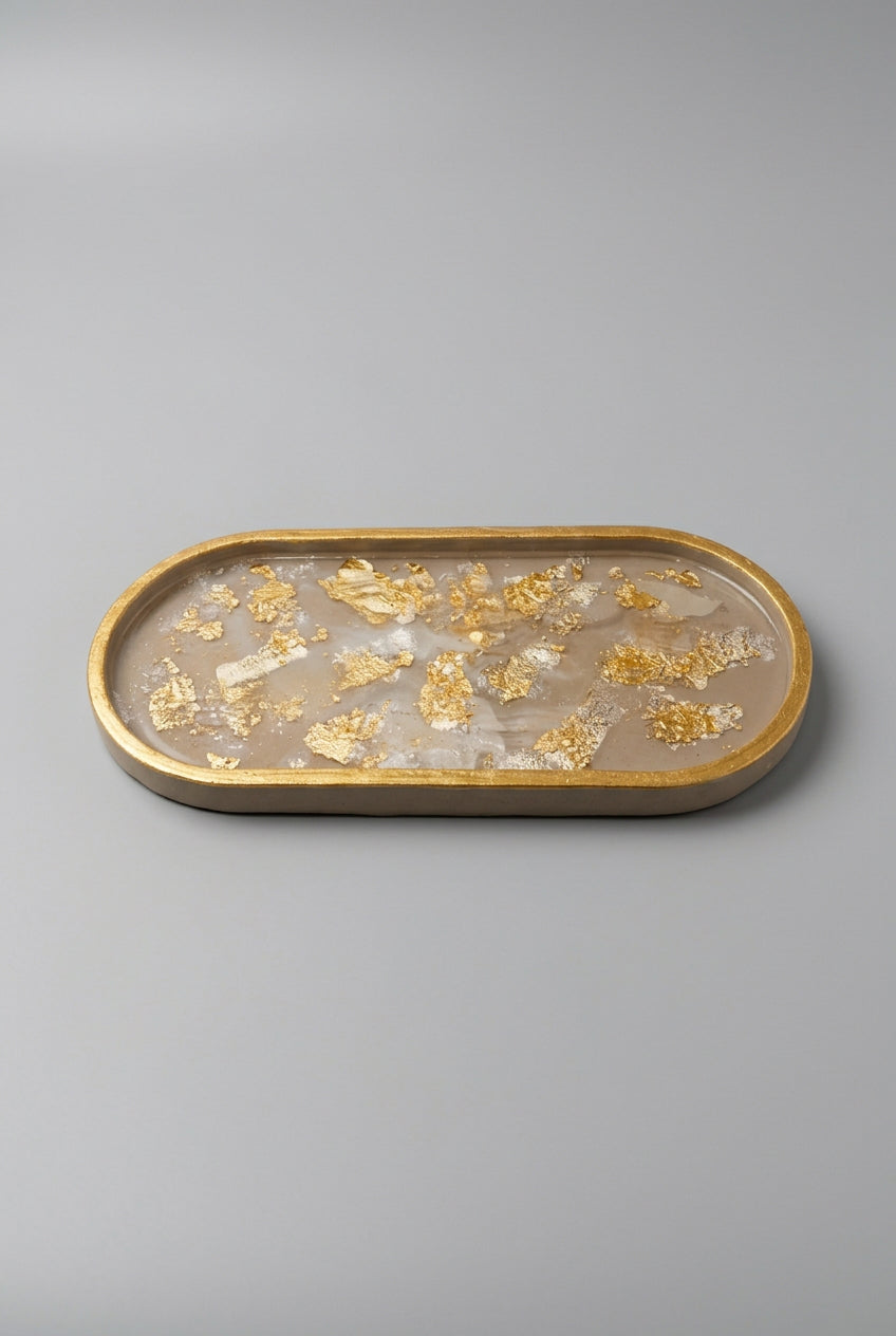 Sacred Stone Art Handmade Concrete Oval Trinket Tray Old Soul Gold