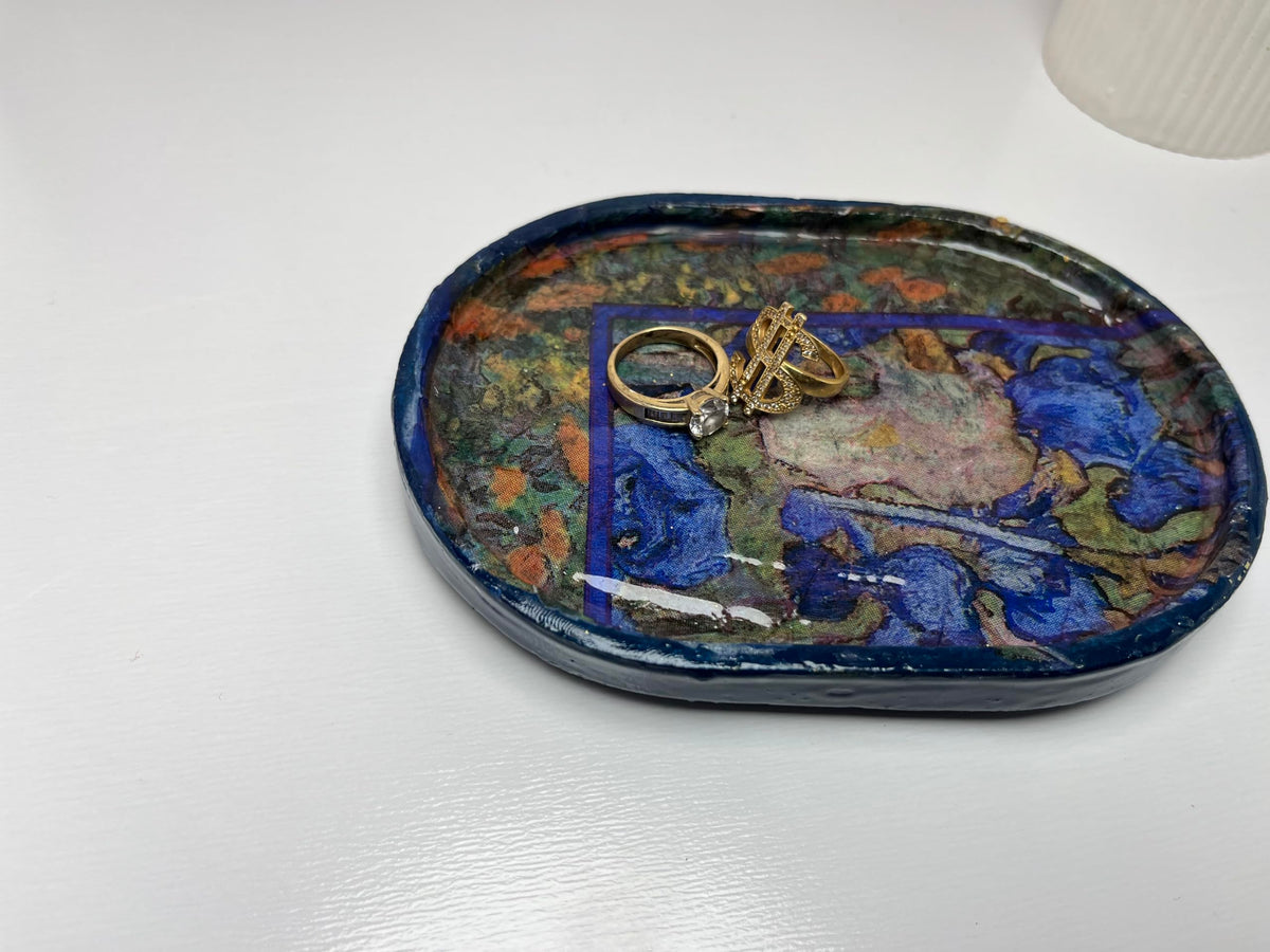 Sacred Stone Art Handmade Concrete Trinket Tray Van Gogh Blue