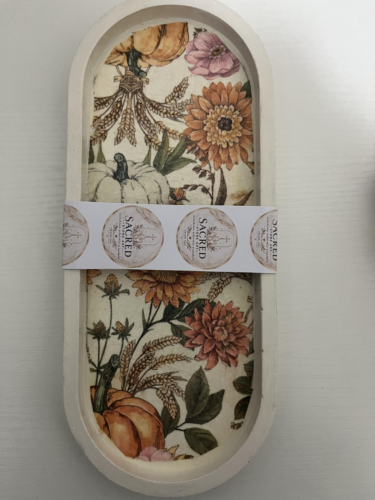 Sacred Stone Art Handmade Concrete Oval Tray White Fall Floral