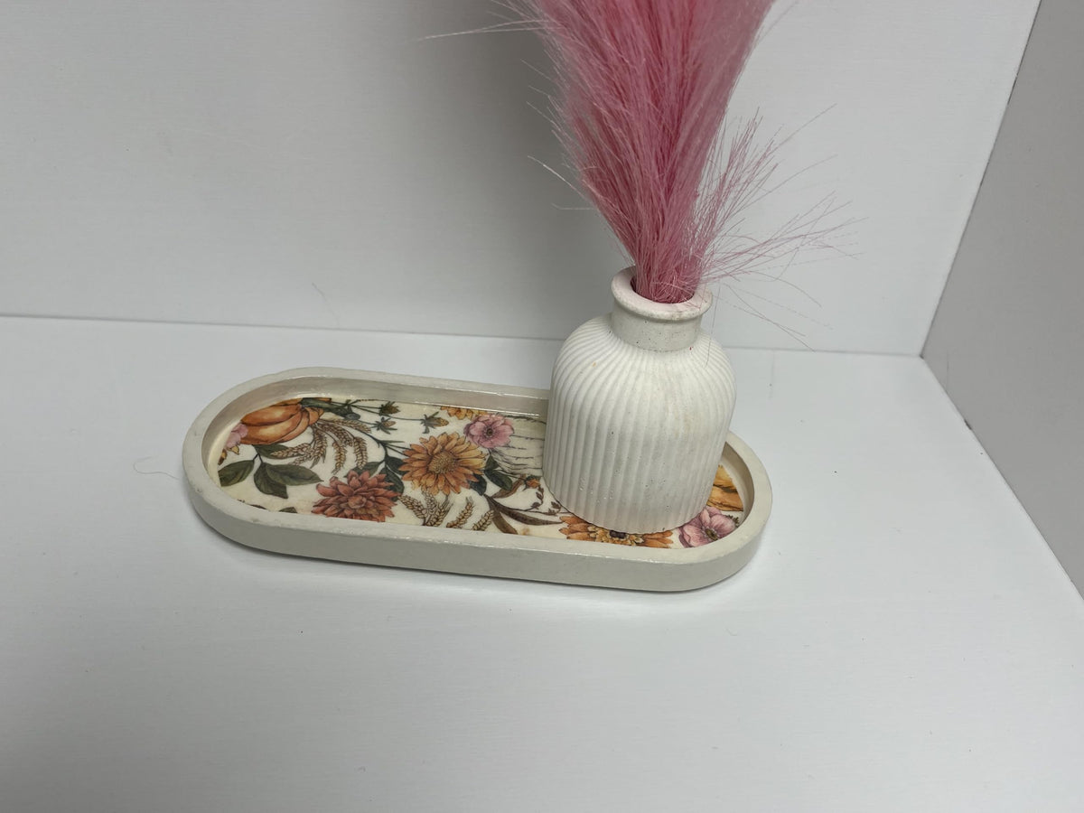 Sacred Stone Art Handmade Concrete Oval Tray White Fall Floral