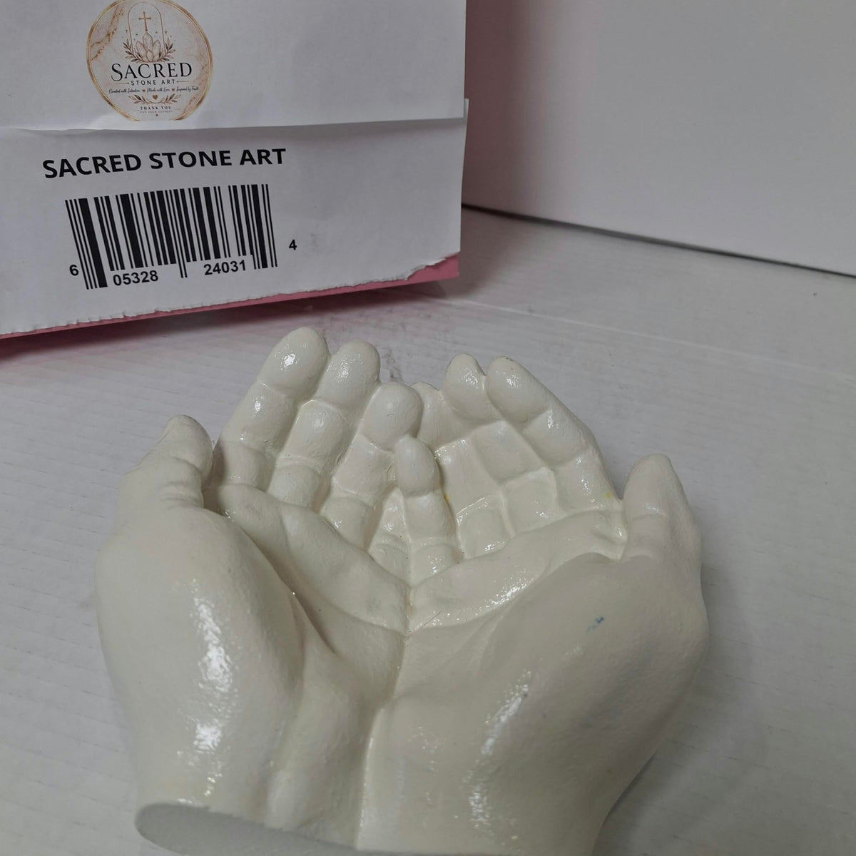 SACRED STONE ART Cupped Praying Hands Sculpture White Cement