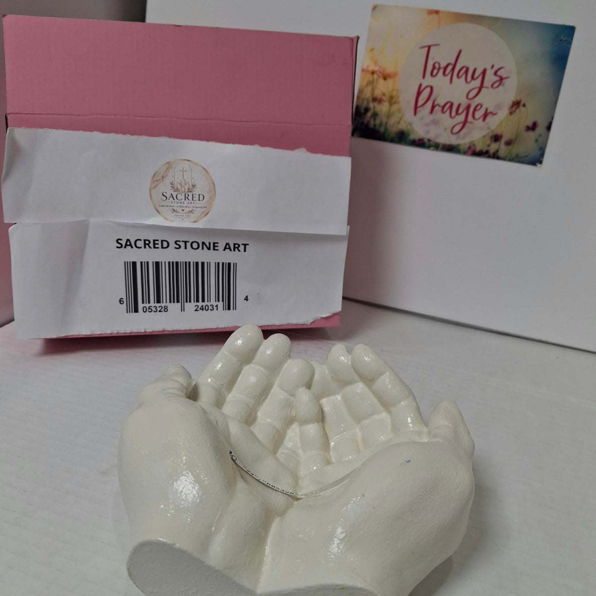 SACRED STONE ART Cupped Praying Hands Sculpture White Cement