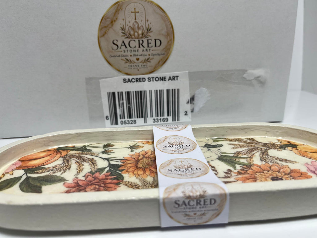 Sacred Stone Art Handmade Concrete Oval Tray White Fall Floral