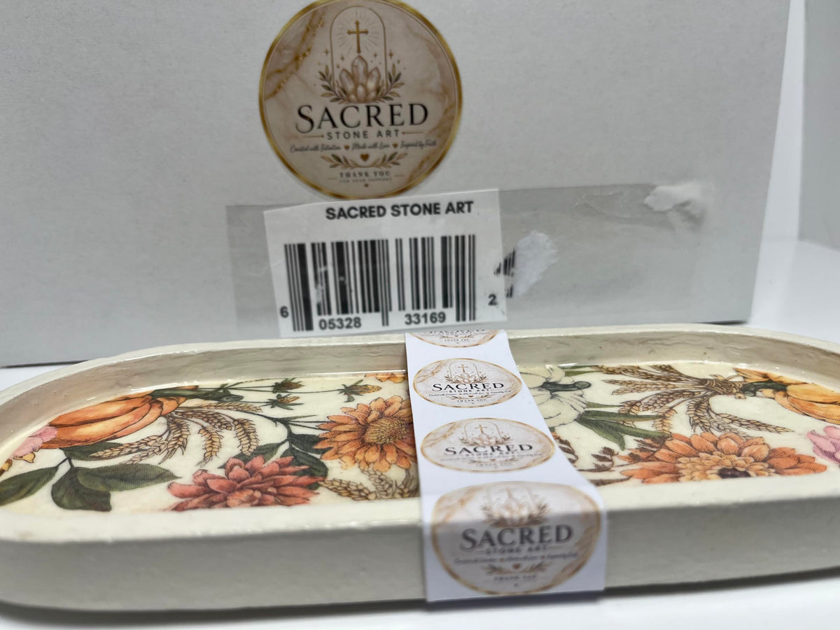 Sacred Stone Art Handmade Concrete Oval Tray White Fall Floral