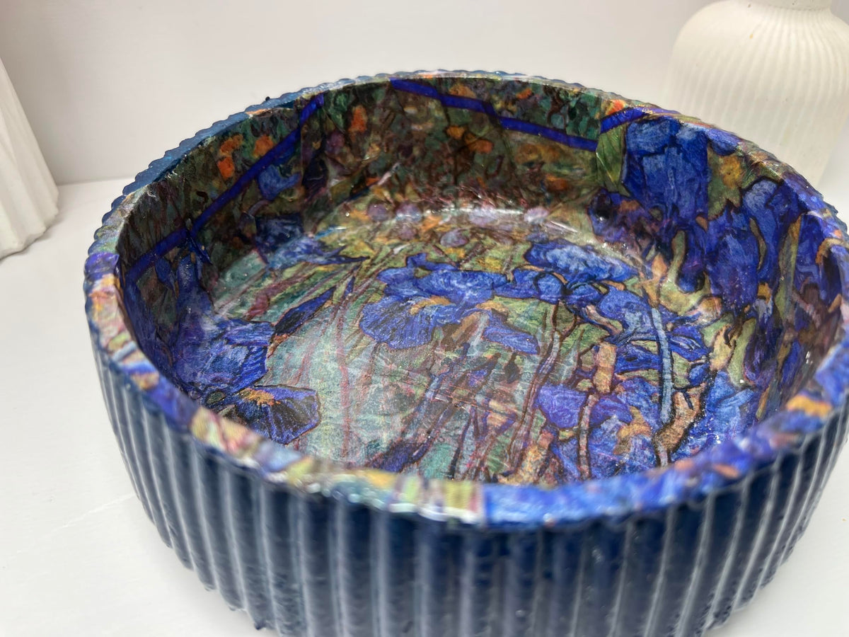 Sacred Stone Art Handmade LARGE Blue Ribbed Bowl Van Gogh Irises Print