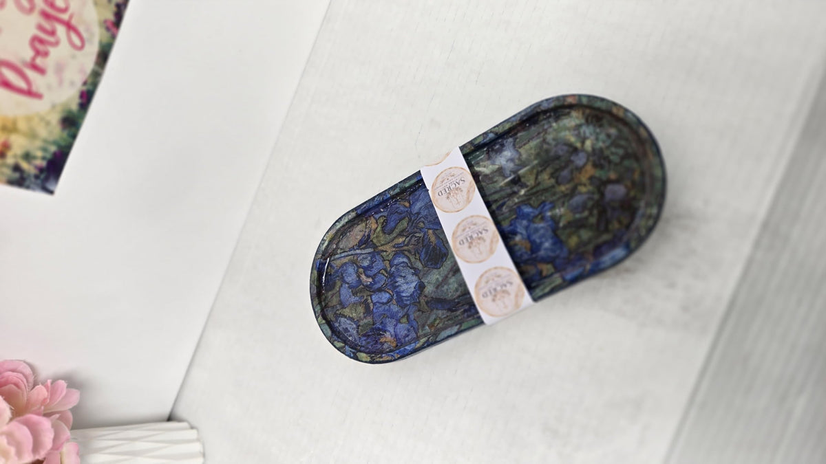 Sacred Stone Art Van Gogh Irises Oval Cement Trinket Tray MEDIUM