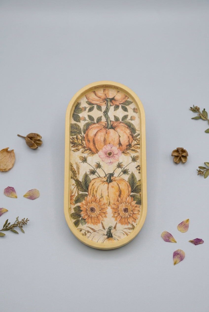 Sacred Stone Art Handmade Oval Trinket Tray Pumpkin Floral