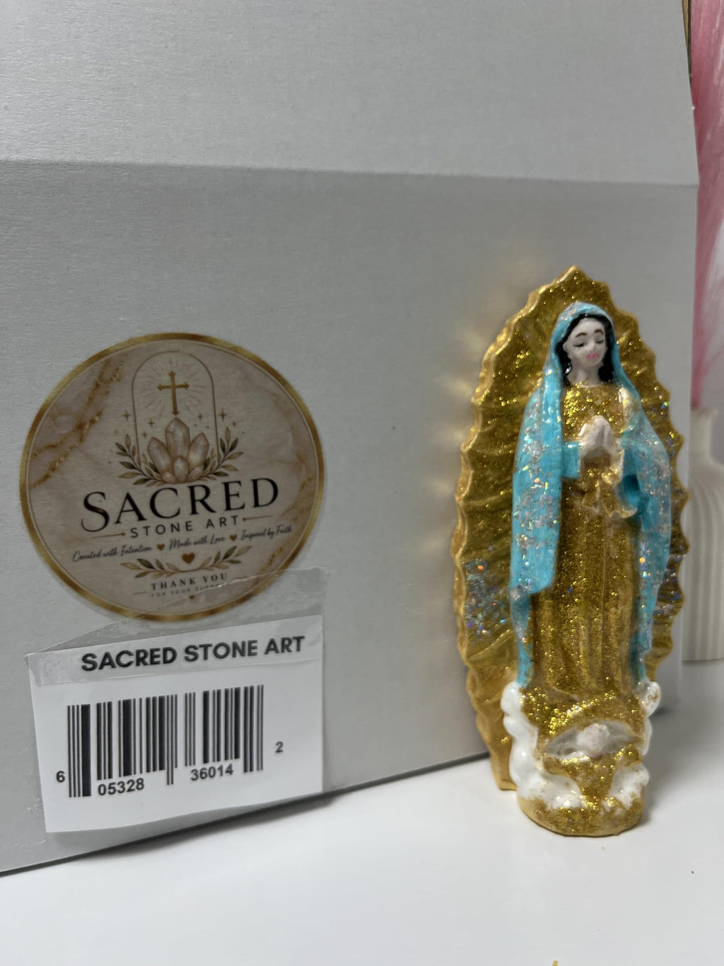 Sacred Stone Art Our Lady of Guadalupe Figurine Gold Blue 5in