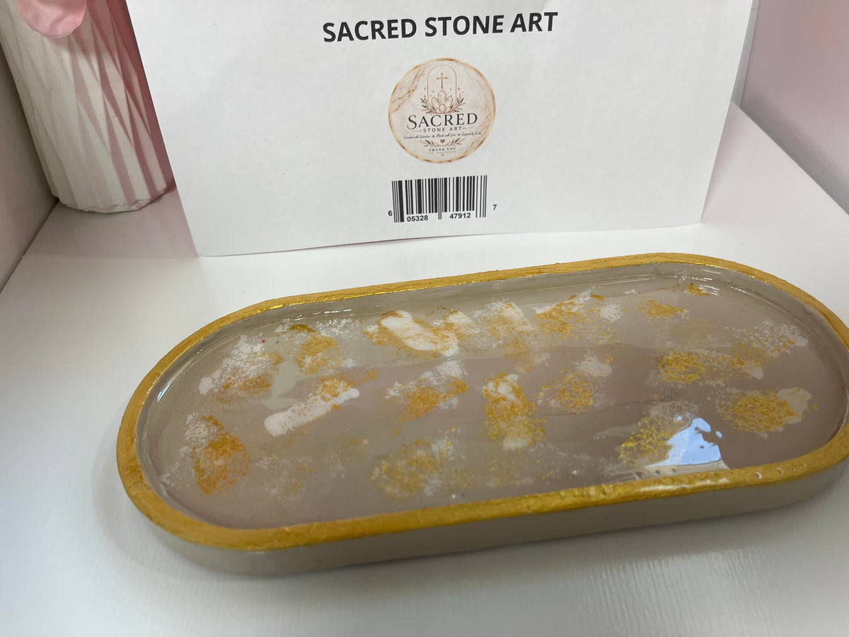 Sacred Stone Art Handmade Concrete Oval Trinket Tray Old Soul Gold